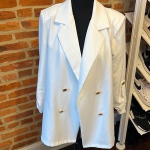 White Shoulder Pads Roll Tab Sleeve double breasted blazer